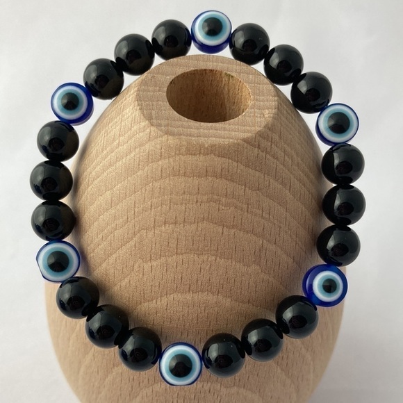 BLACK Onyx and Evil Eye Stretch Bracelet - Picture 3 of 11